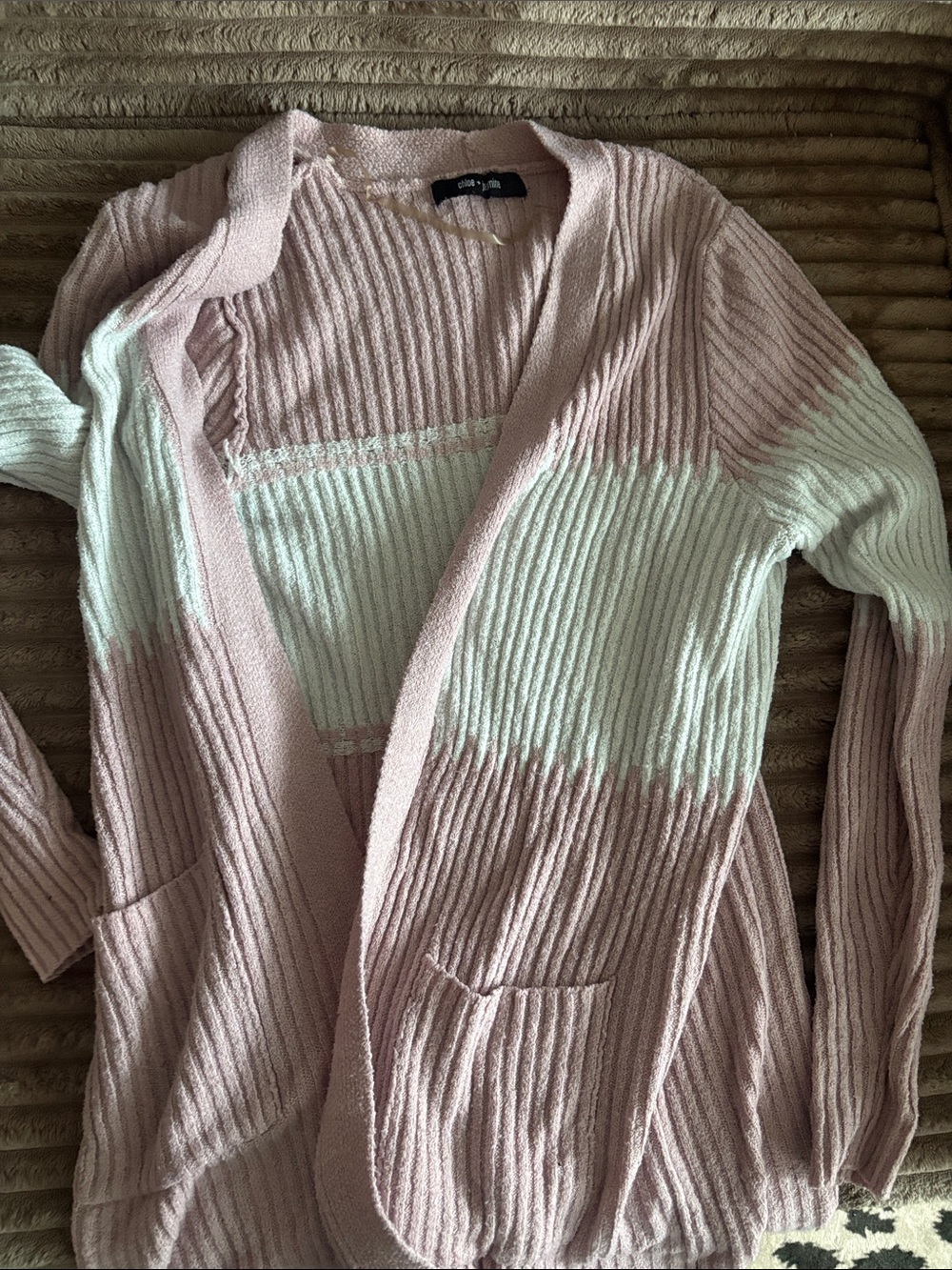 Cozy Open-Front Pink & White Ribbed Cardigan